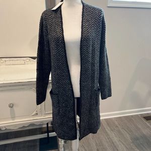 NWT NINE WEST Jacquard Long Cardigan Black Gray Open Front Pockets size Medium